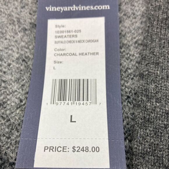 NWT Vineyard Vines Luxury Blend Buffalo Check V-Neck Charcoal Heather Cardigan L - Picture 12 of 12